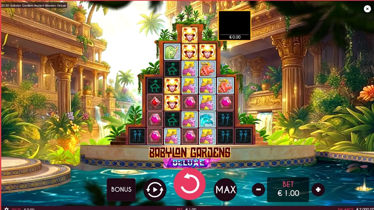 Tampilan visual slot Babylon Gardens Ancient Wonders Deluxe dengan latar belakang taman gantung kuno.