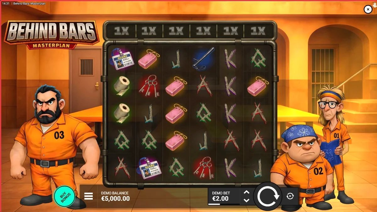 Tampilan visual karakter utama dan grid permainan dalam slot Behind Bars Masterplan