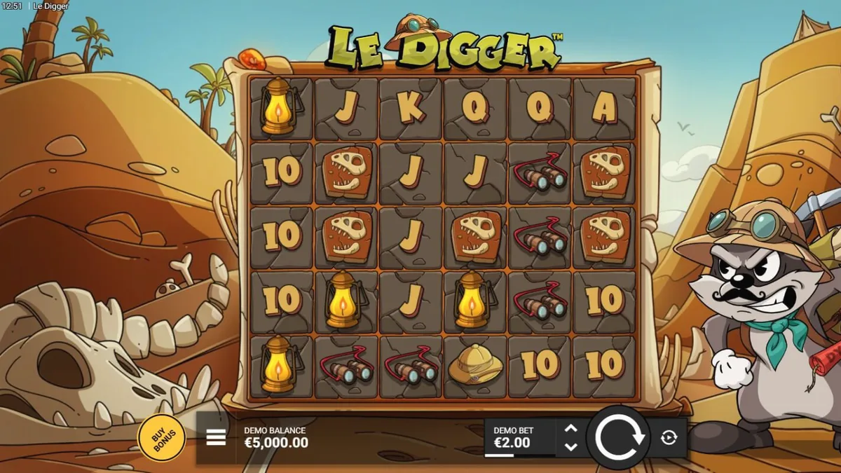Smokey si rakun sedang menggali harta karun di slot Le Digger